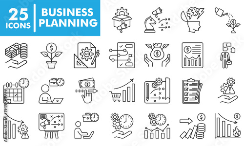 Business Planning Outline Icon Set Including Strategy, Analytics, Investment, Growth, Management and Marketing