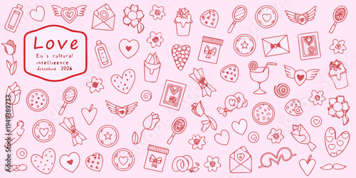 Hand drawn pink illustrations of love themed objects and heart motifs
