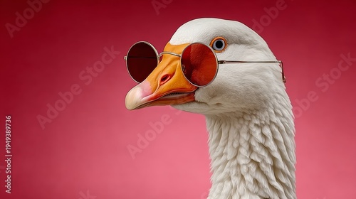 Goose wearing round sunglasses against a vibrant red background, showcasing a close-up view of its head and distinctive features, creating a playful and humorous visual