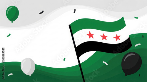 Syrian Opposition Flag Waving with Balloons and Confetti on Wavy Abstract Background