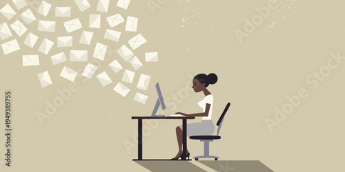 Woman overwhelmed by a cascade of digital mail and notifications