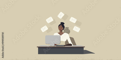 Woman overwhelmed with digital communication while working at a desk