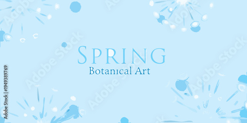 Light blue background with stylized dandelion seeds and spring text