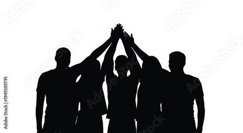 Silhouette graphic illustration of five people joining hands above their heads representing unity and teamwork