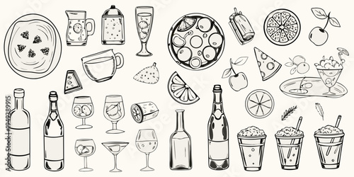 A collection of hand drawn food and beverage sketches in black and white