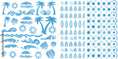 Collection of blue summer icons palm trees waves shells and surfboards
