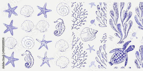 Delicate blue sketches of seashells starfish seahorses and marine life