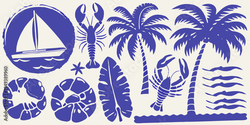 Nautical and tropical elements in a blue and white illustration