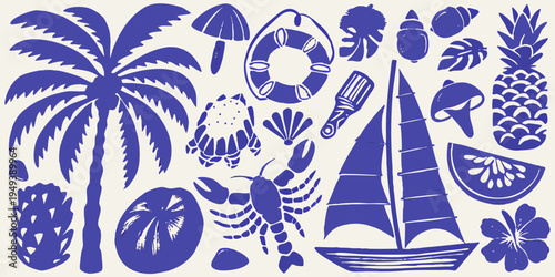 Blue and white illustration of tropical elements and nautical themes