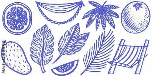 Blue line drawings of tropical fruits leaves and a beach chair
