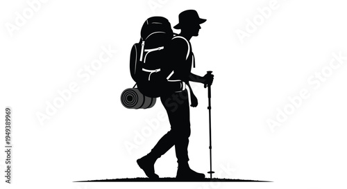 Silhouette vector graphic illustration of a hiker with a large backpack and trekking pole walking forward