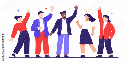 A diverse group of people celebrating success with raised arms