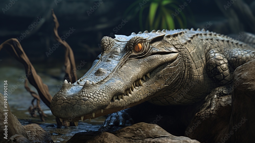 Fototapeta premium Majestic Crocodile Head Emerging from Murky Swamp Water Under Dense Jungle Canopy