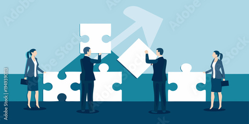 Business professionals connecting puzzle pieces representing teamwork and successful collaboration