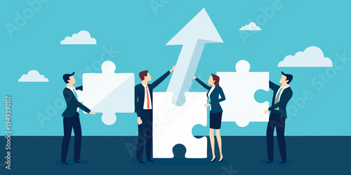 Business team collaboratively fitting puzzle pieces towards upward growth and success