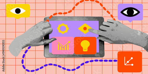 Hands interacting with a digital tablet displaying various iconographic elements