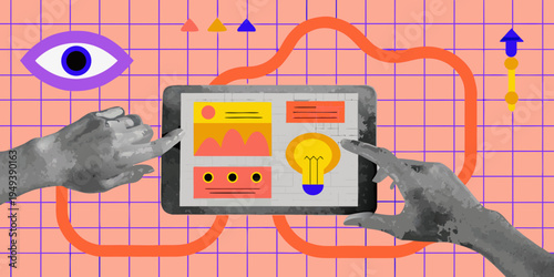 Hands interacting with a tablet displaying abstract digital art and an eye