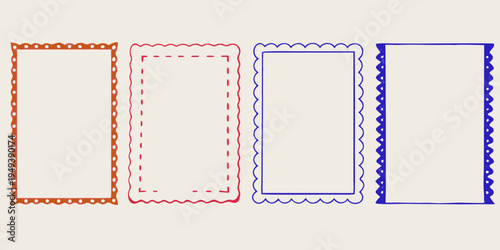 Four colorful hand drawn rectangular frames arranged in a row