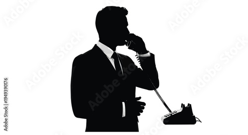 Silhouette graphic illustration of a businessman conducting important communication using a vintage telephone receiver