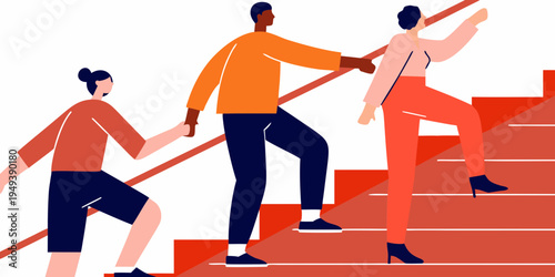 Three people ascend a vibrant geometric staircase toward an unseen destination