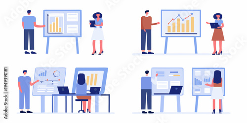 Business professionals collaborating and presenting data with charts and reports