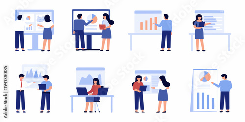 Business professionals collaborating and presenting data in modern office settings