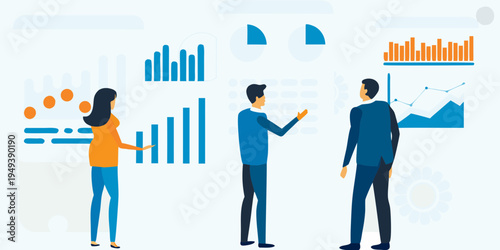 Business professionals analyzing data visualization with charts and graphs