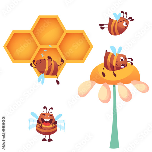 A set of a cute cartoon bee flying through the air, relaxing on a large, beautiful flower, a sloth sleeping comfortably in a honeycomb house, and simply standing there happily flapping its wings.