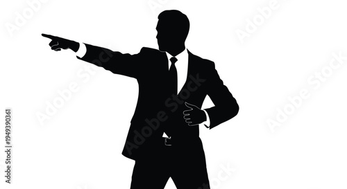 Graphic design of a confident businessman in a suit pointing his finger forward, indicating direction.