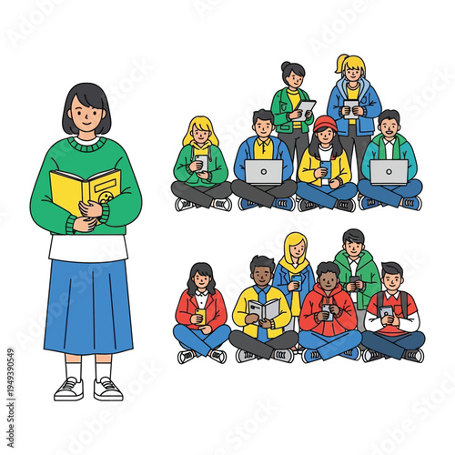 Learning Circle: A group of students gather, engrossed in books and tablets, symbolizing the essence of knowledge, education, and the modern learning landscape. 