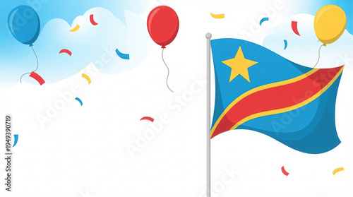 Democratic Republic of Congo Flag Waving with Confetti and Balloons in Blue Sky Illustration