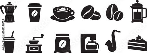 Coffee culture icon set with cup, beans, cafe tools and brewing elements in modern line style.