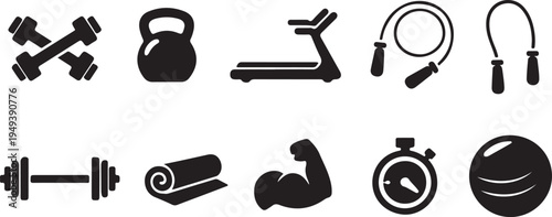 Fitness and gym gear icon set with dumbbell, barbell, kettlebell and workout equipment in line style.
