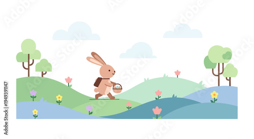 Cheerful Cartoon Rabbit Carrying Basket Walking Through Green Hills with Trees and Flowers in a Serene Outdoor Landscape