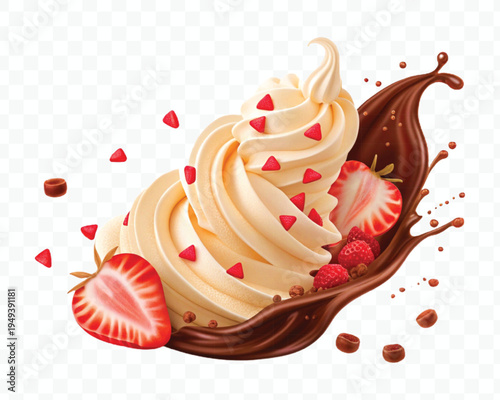 realistic swirling creamy vanilla and strawberry ice cream scoops with chocolate splash in different style isolated on transparent background