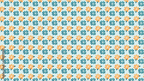A seamless pattern featuring small, stylized flowers in alternating teal and orange colors on a light blue background, creating a repetitive and decorative design.