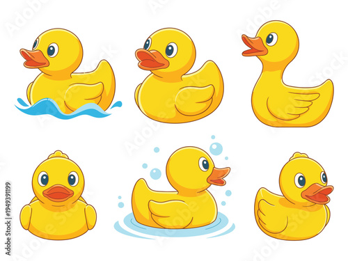 Cute Rubber Duck Cartoon Illustration Set, Yellow Bath Toy Duckling Character Collection for Kids Water Games, Funny Baby Duck Ducky Mascot Design, Playful Vector Toy Icon Pack