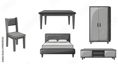 Collection of furniture items including a chair table bed wardrobe and cabinet.