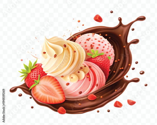 realistic swirling creamy vanilla and strawberry ice cream scoops with chocolate splash in different style isolated on transparent background