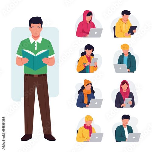 Students and Reading: Diverse individuals immersed in reading and studying, encompassing different backgrounds, united by shared curiosity and a thirst for knowledge.