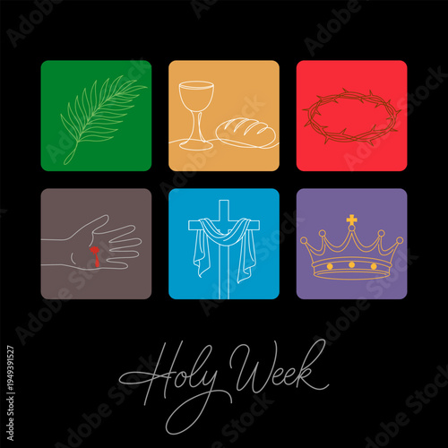 Easter banner for Holy Week. Palm branch, cross of Jesus Christ, crown of thorns, breaking of bread. Flat vector linear illustration isolated