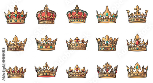Collection of ornate royal crowns with jewels and gold details.