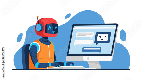 Friendly AI chatbot communication vector illustration, a digital robot assistant interacting with users on a computer screen