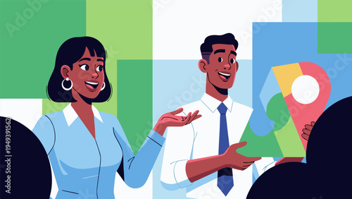 Dynamic business meeting featuring two diverse professionals discussing a strategic location concept, captured in a vibrant vector illustration