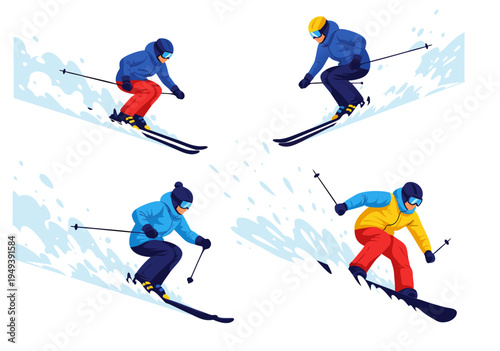 Dynamic vector illustration set showcasing various skiers in action on snowy slopes, perfect for winter sports themes and recreational activities