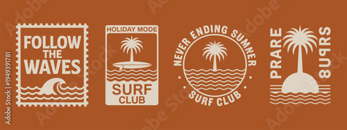 Tropical Surf and Paradise Vector Graphics Set with Palm Trees, Sun and Ocean Waves, Bold Summer Typography Compositions for Beach Posters, T Shirt Printing and Coastal Surf Branding