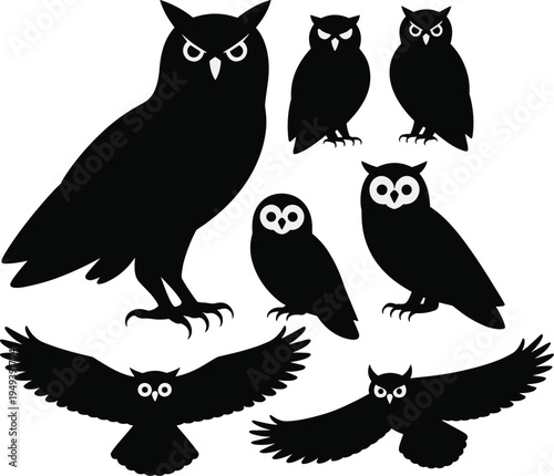 Owl silhouette collection set, flying and standing owl bird silhouettes isolated on white background, nocturnal wildlife vector illustration bundle for design