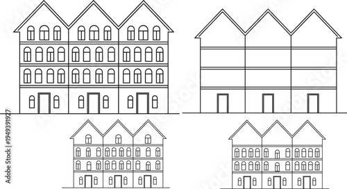 Classic townhouse building facade line illustration, urban residential architecture exterior, vintage city house row vector outline design