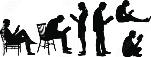 People reading books silhouette collection with men and women sitting and standing reading isolated on white background, education and learning vector illustration