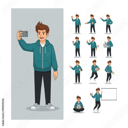 Digital Creator's Toolkit: A dynamic illustration showcasing a young man, in a green hoodie, engaging in various activities - from capturing moments with a phone camera to presenting information.